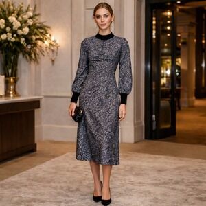 Veronica Beard Silk Paisley Midi Dress Black Blue Mock Neck Luxe Office Wear